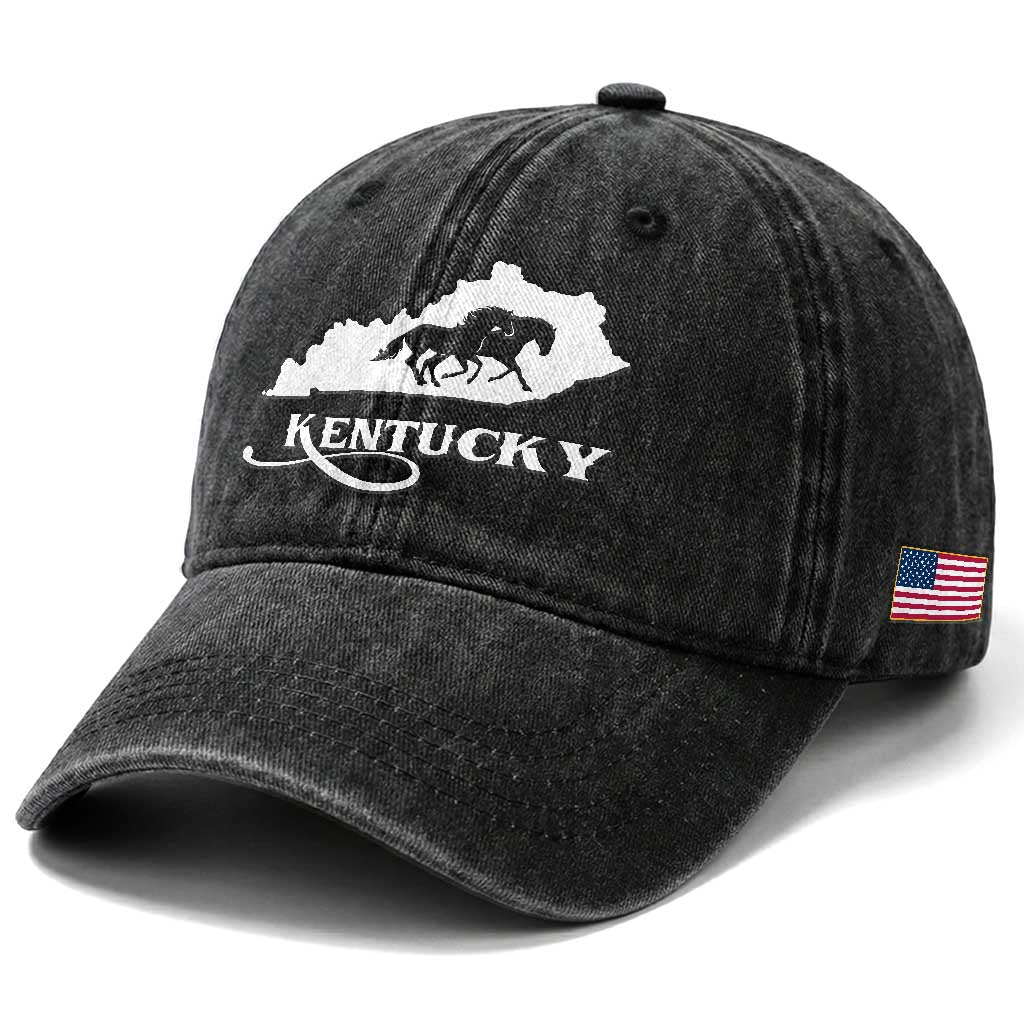 Kentucky Horse Map State Derby Day Washed Cotton Baseball Cap