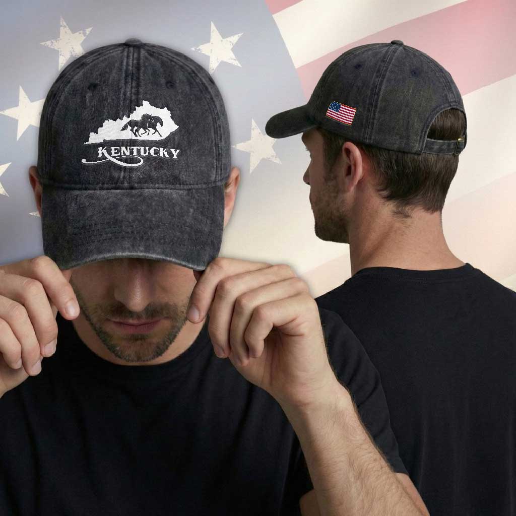 Kentucky Horse Map State Derby Day Washed Cotton Baseball Cap