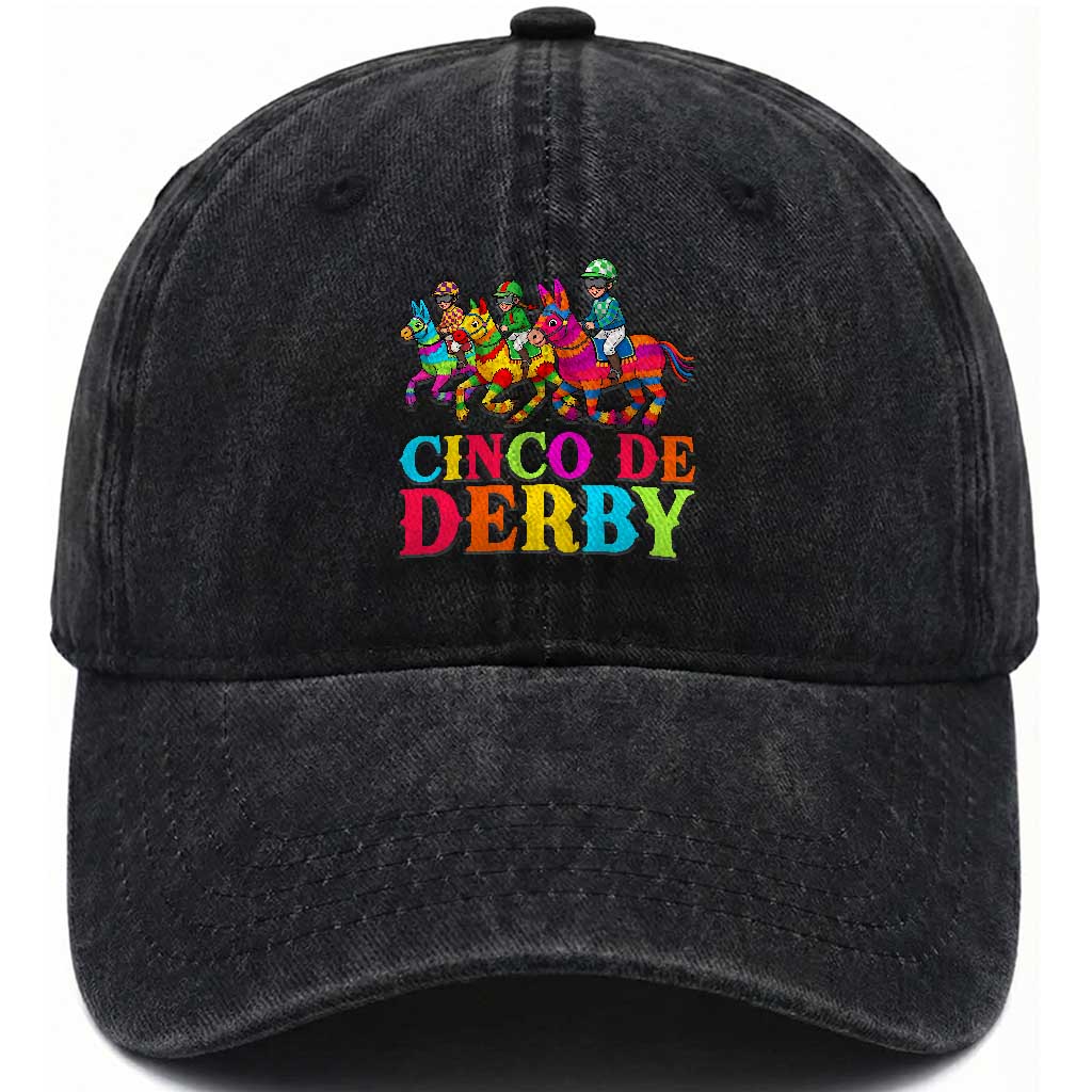 Cinco De Derby Washed Cotton Baseball Cap Funny Mexican Derby Pinata Horse Race