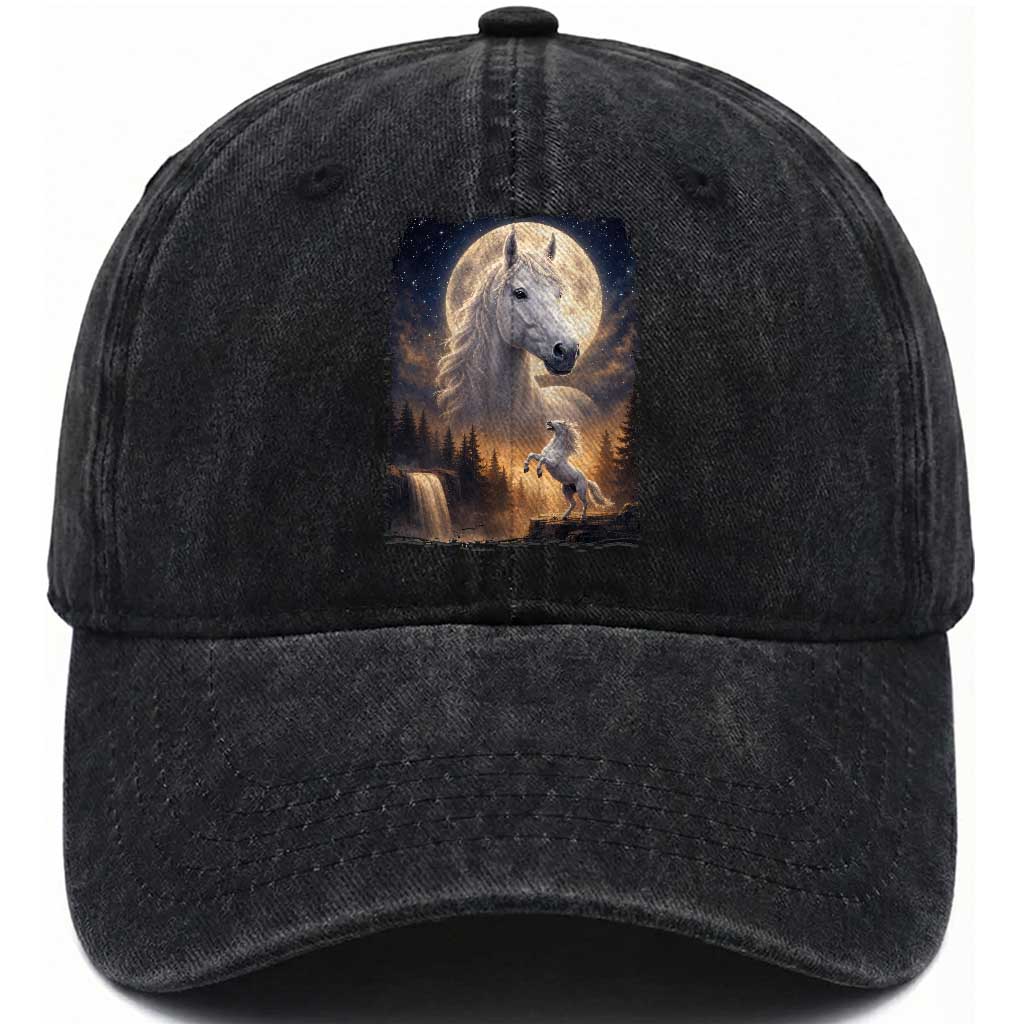 Horse Neighing To The Moon Washed Cotton Baseball Cap Vintage 90s Animal Horse Lover Equestrian