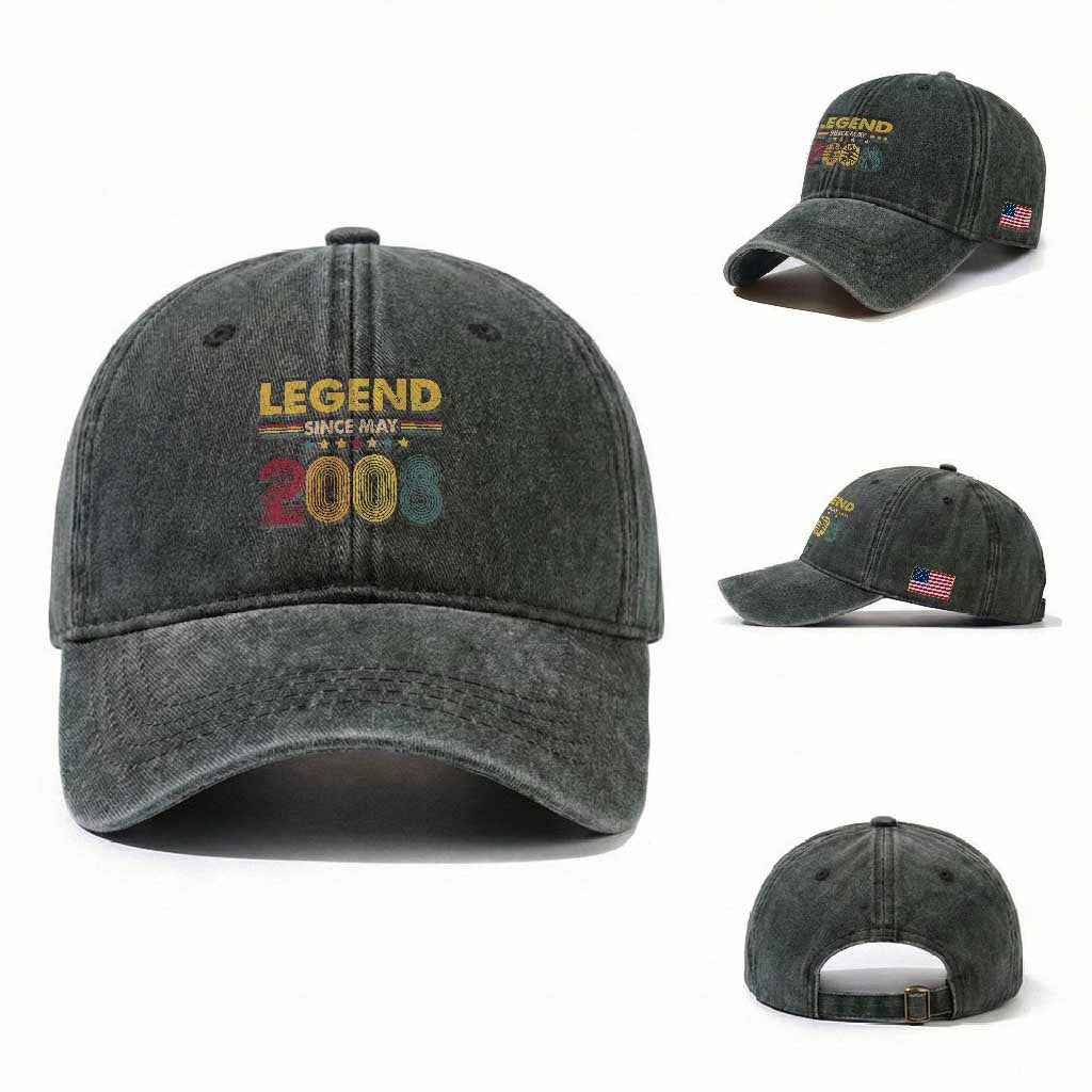 May 18th Birthday Washed Cotton Baseball Cap Legends Since May 2008 Retro Bday