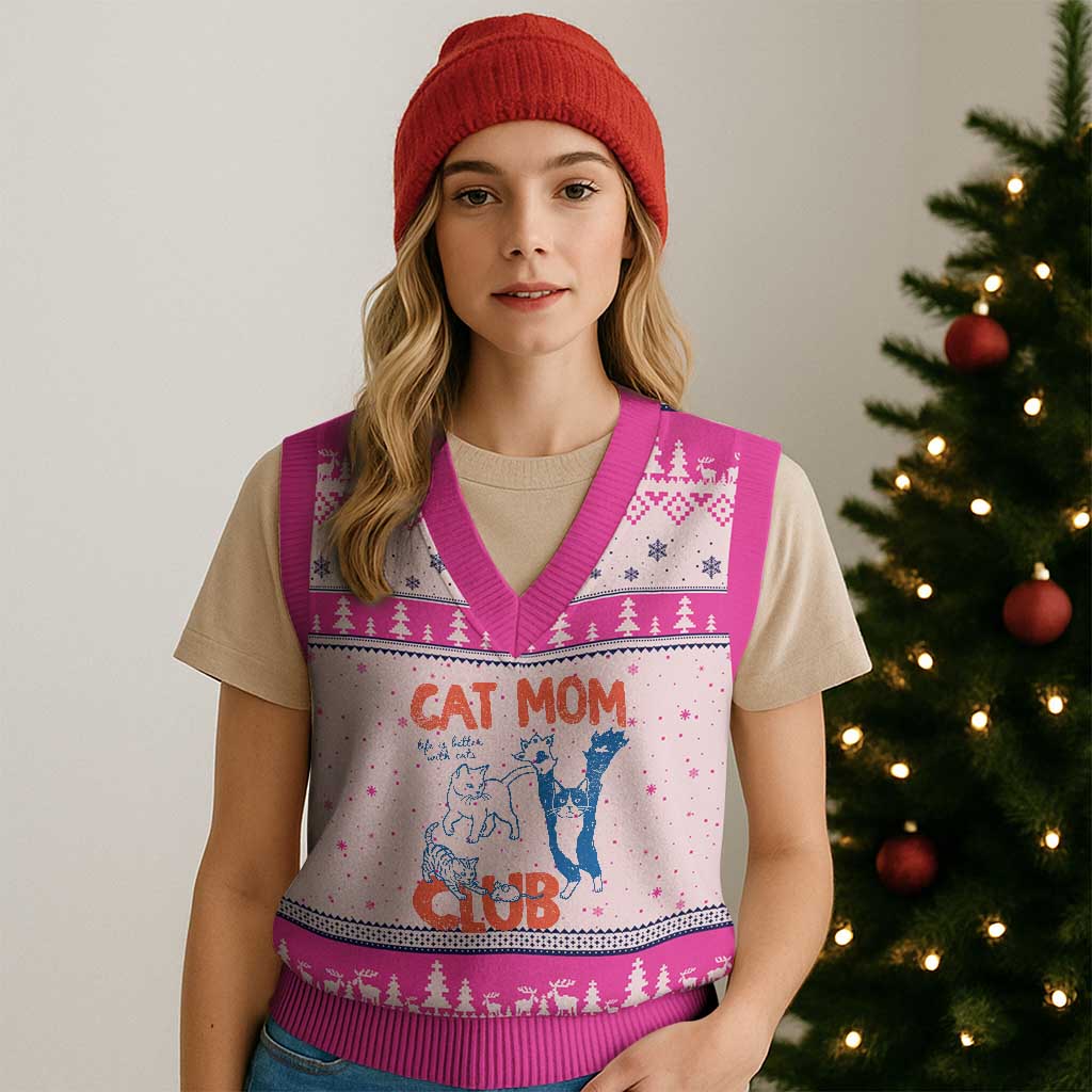 Cat Mom Club V-Neck Knit Sweater Vest Life is Better with Cats Mothers Day