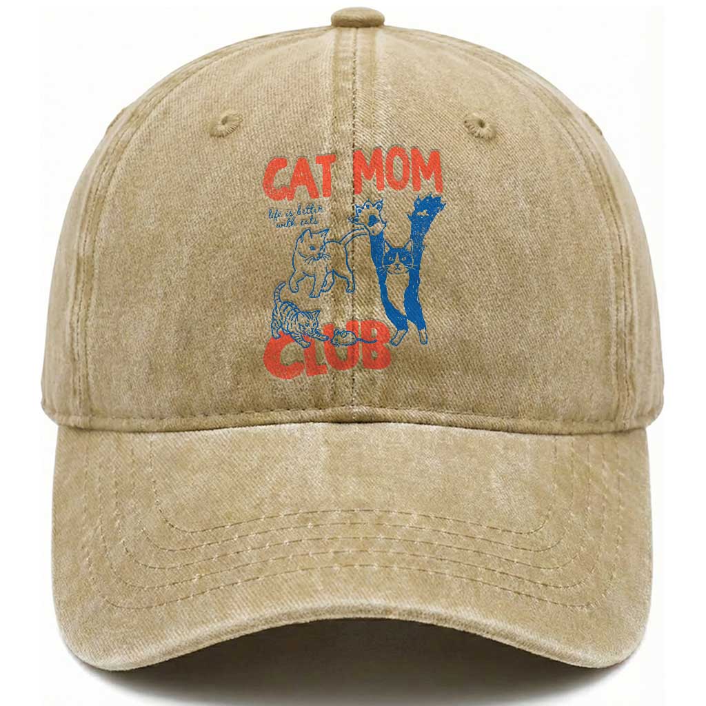 Cat Mom Club Washed Cotton Baseball Cap Life is Better with Cats Mothers Day