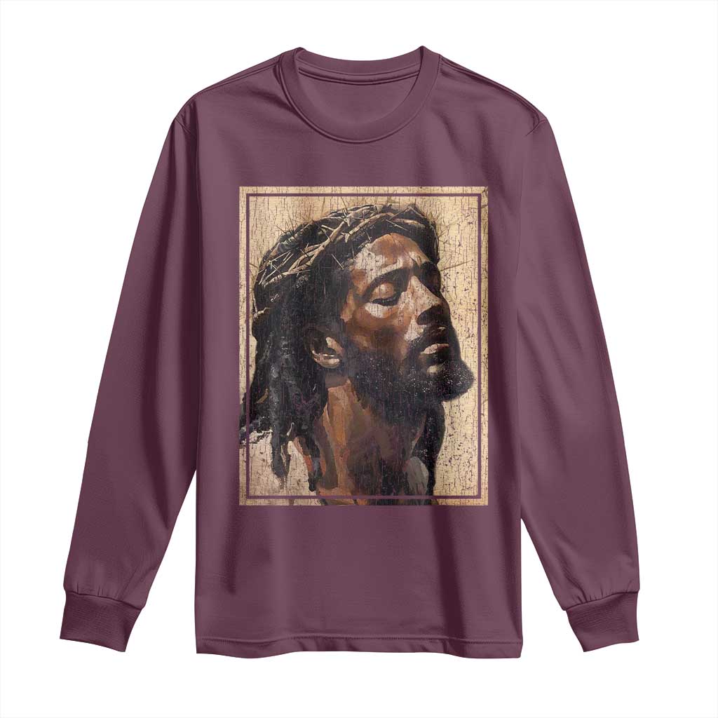 Religious Black Jesus With Crown Of Thorns Long Sleeve Shirt