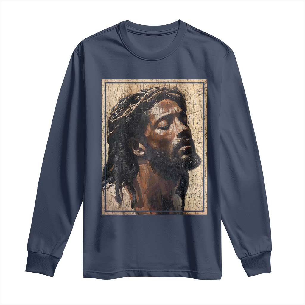 Religious Black Jesus With Crown Of Thorns Long Sleeve Shirt