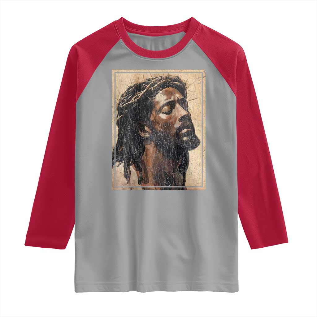Religious Black Jesus With Crown Of Thorns Raglan Shirt