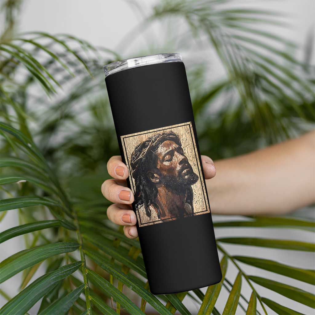 Religious Black Jesus With Crown Of Thorns Skinny Tumbler