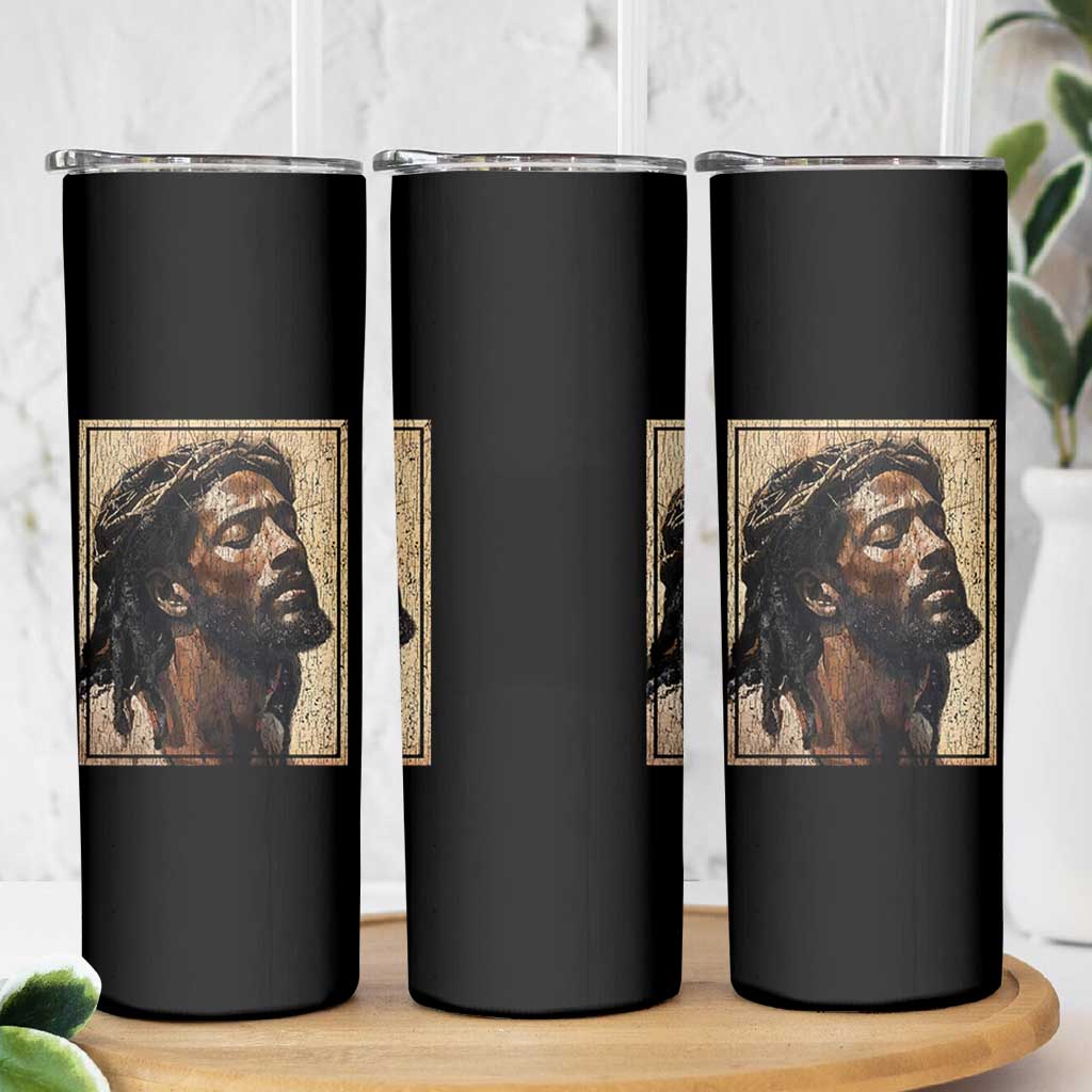 Religious Black Jesus With Crown Of Thorns Skinny Tumbler
