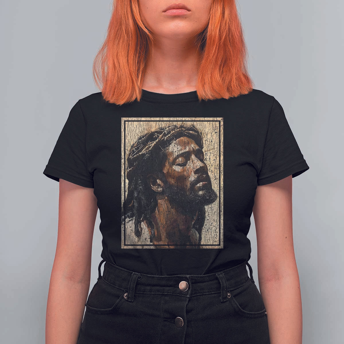 Religious Black Jesus With Crown Of Thorns T Shirt For Women