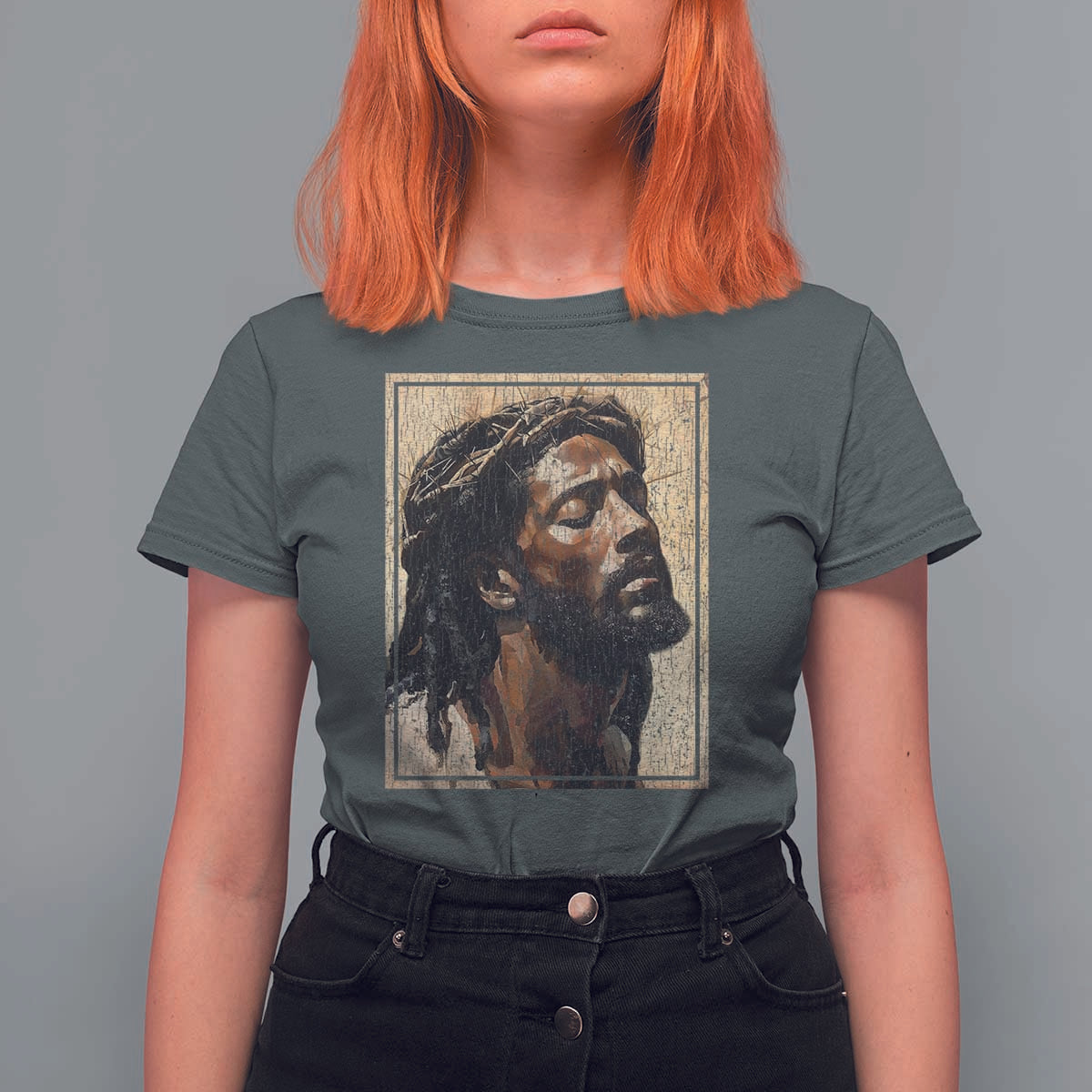 Religious Black Jesus With Crown Of Thorns T Shirt For Women