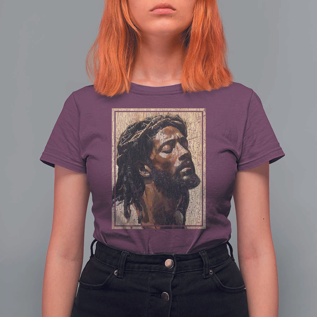 Religious Black Jesus With Crown Of Thorns T Shirt For Women