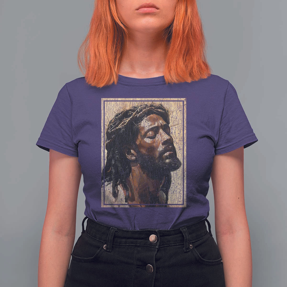 Religious Black Jesus With Crown Of Thorns T Shirt For Women