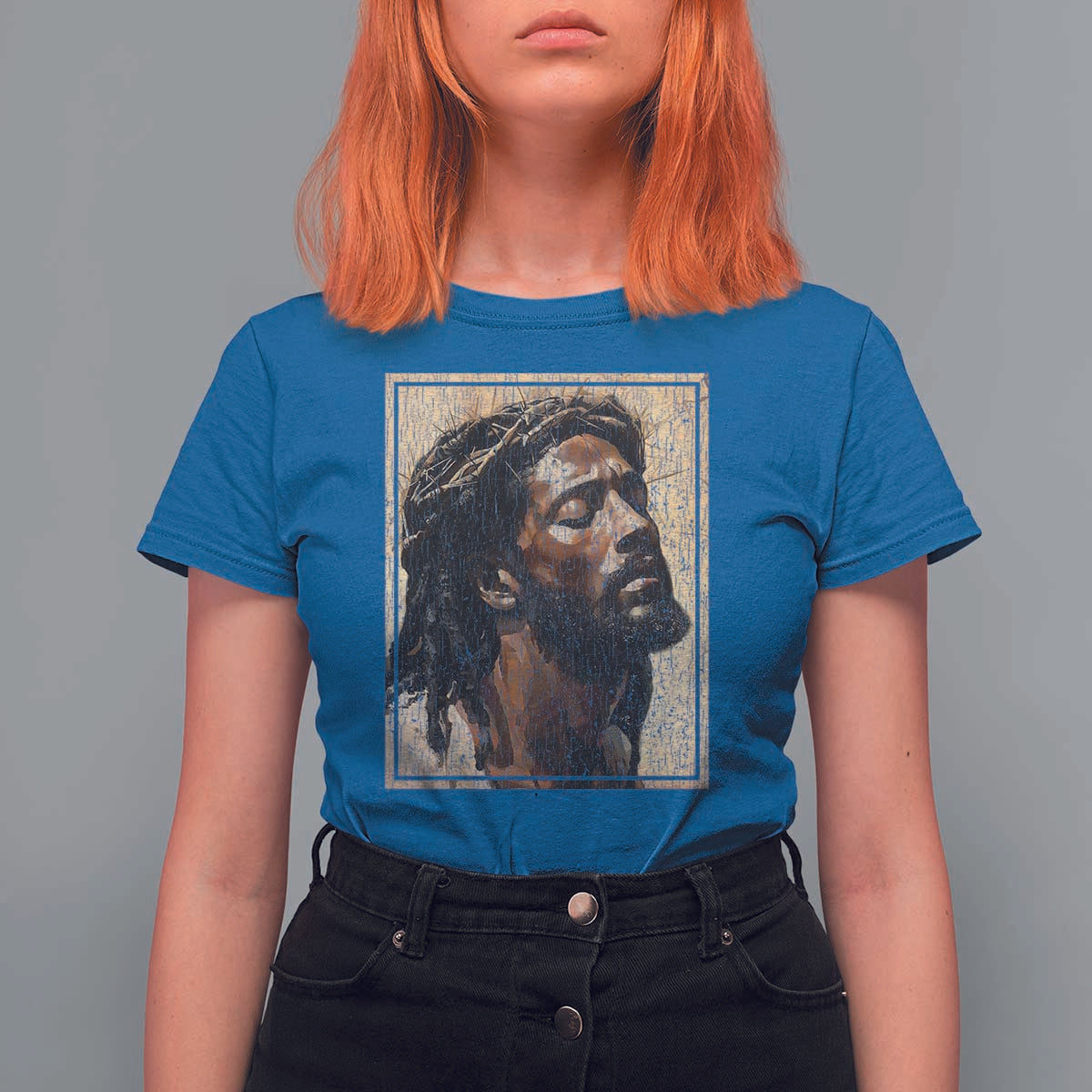 Religious Black Jesus With Crown Of Thorns T Shirt For Women