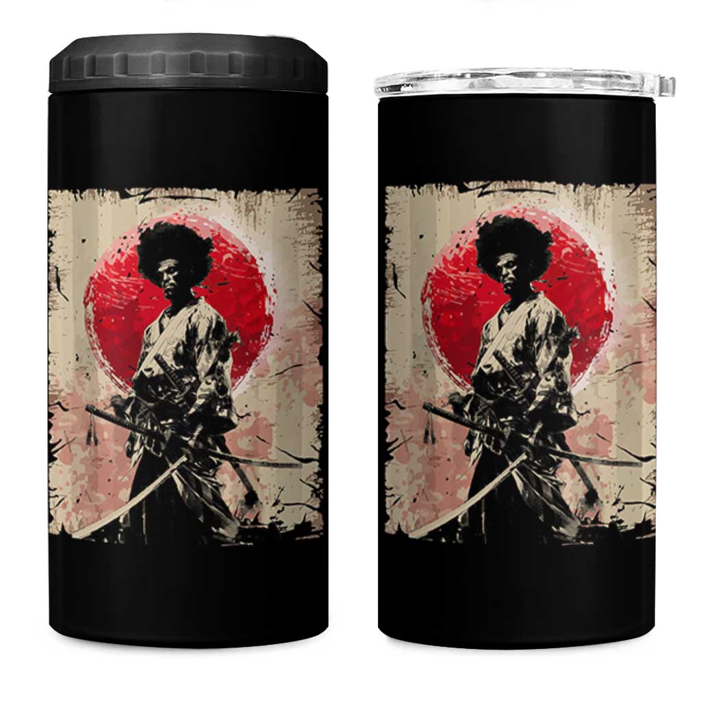 Funny African America Samurai 4 in 1 Can Cooler Tumbler Japanese Art Black Warrior Fighter