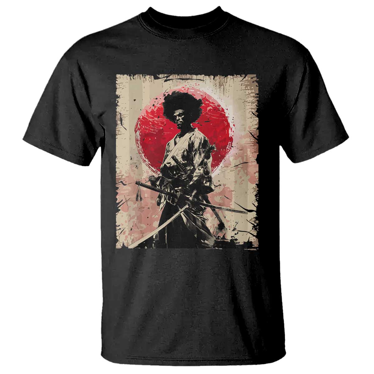 Funny African America Samurai T Shirt Japanese Art Black Warrior Fighter