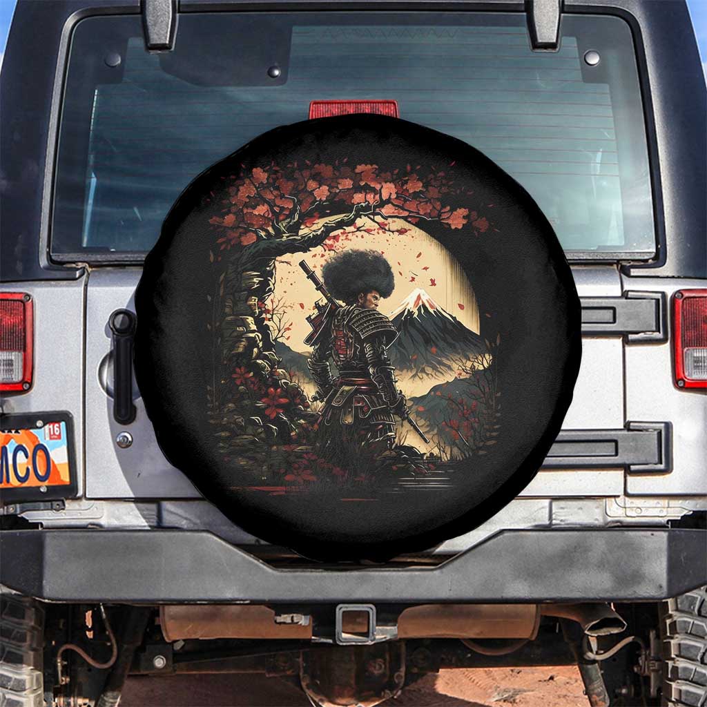 Funny African America Samurai Spare Tire Cover Japanese Art Black Warrior Sakura