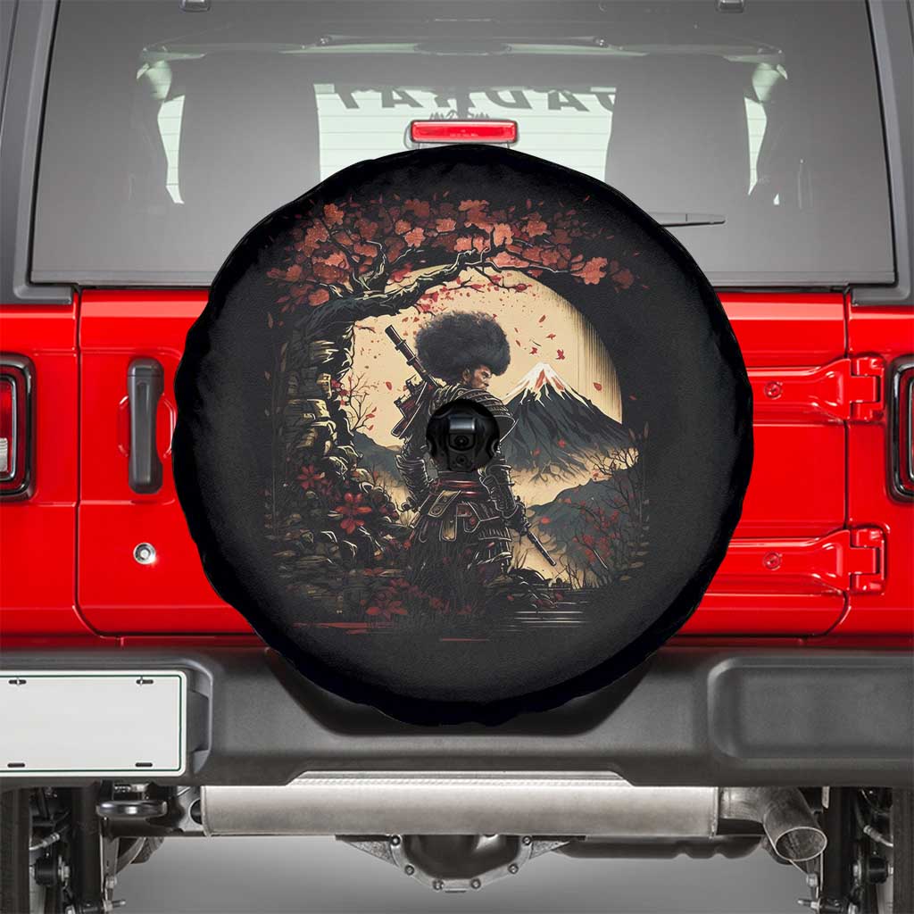 Funny African America Samurai Spare Tire Cover Japanese Art Black Warrior Sakura
