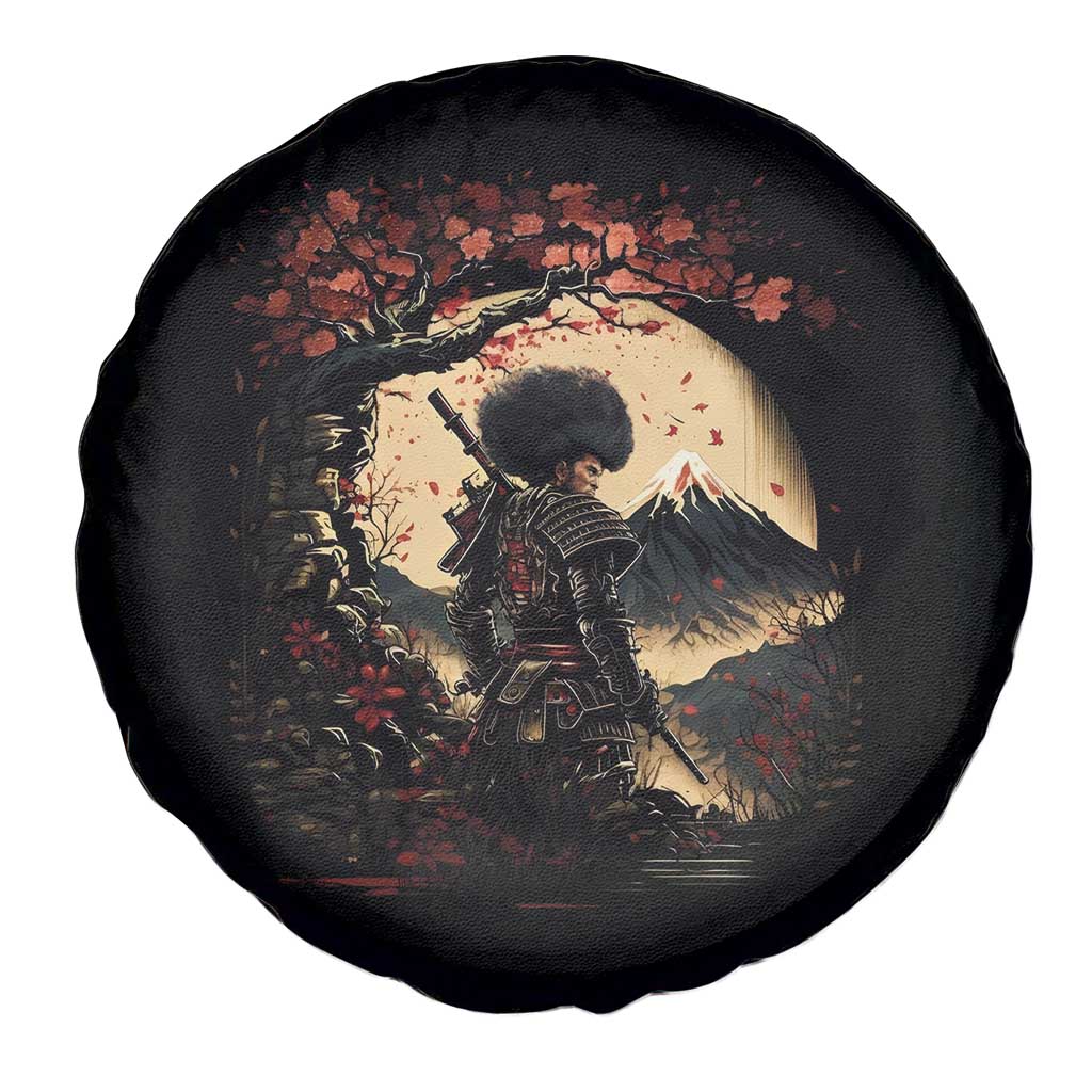 Funny African America Samurai Spare Tire Cover Japanese Art Black Warrior Sakura