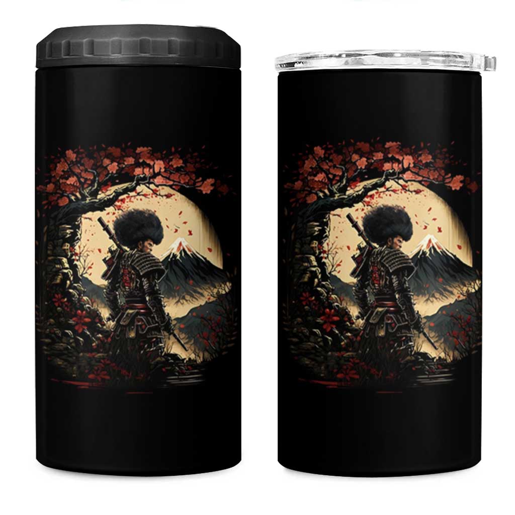 Funny African American Samurai 4 in 1 Can Cooler Tumbler Japanese Art Black Warrior Sakura