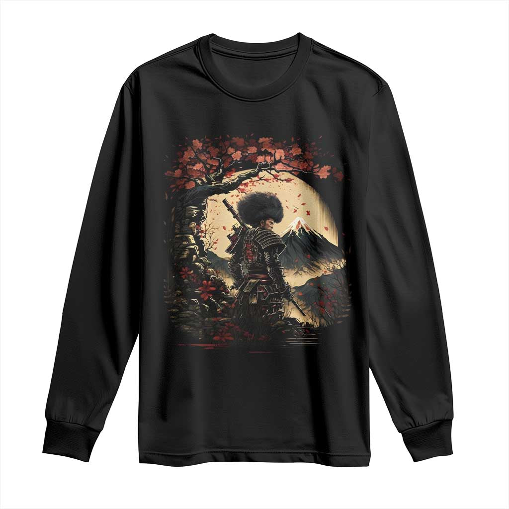 Funny African America Samurai Long Sleeve Shirt Japanese Art Black Warrior Sakura