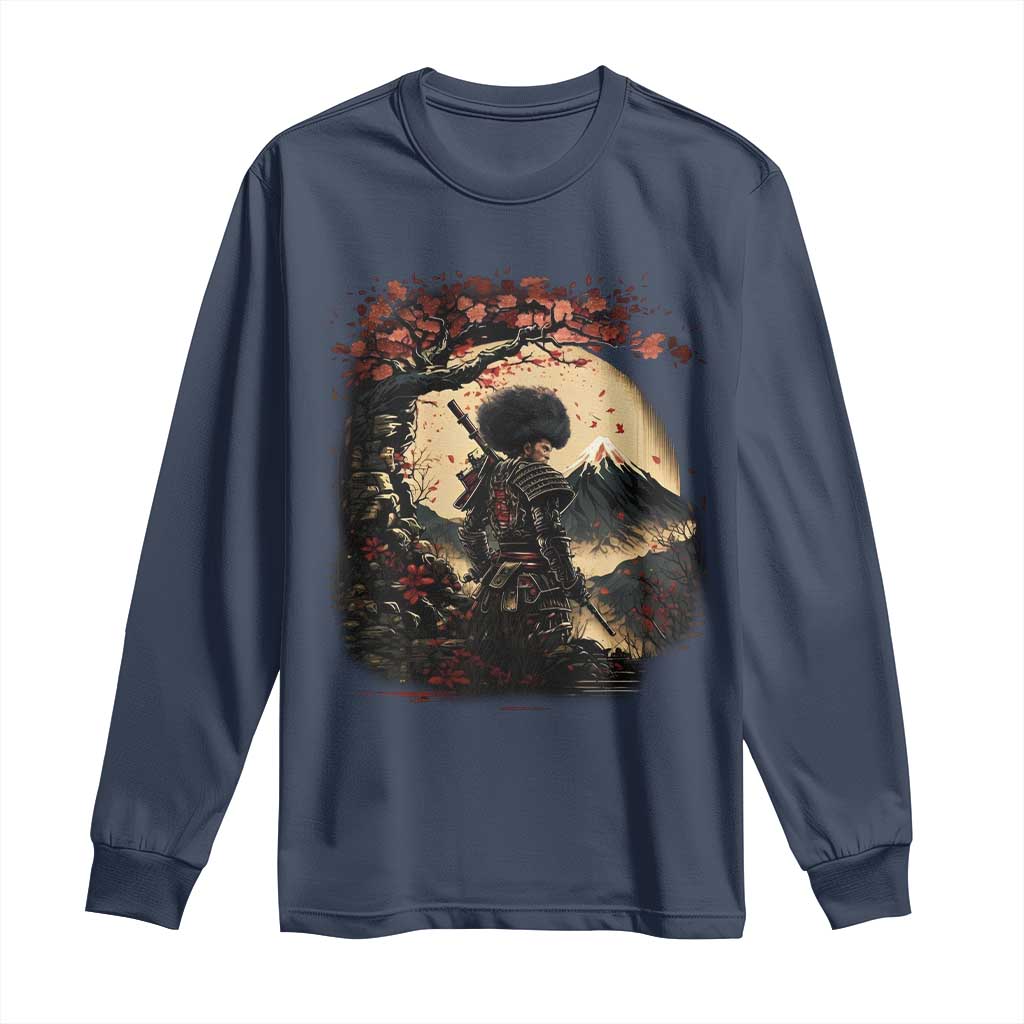 Funny African America Samurai Long Sleeve Shirt Japanese Art Black Warrior Sakura