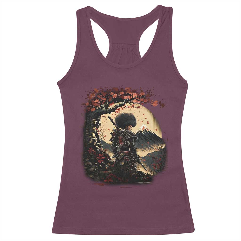 Funny African America Samurai Racerback Tank Top Japanese Art Black Warrior Sakura