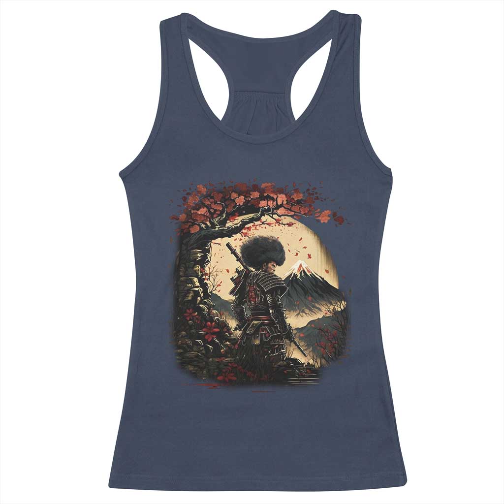 Funny African America Samurai Racerback Tank Top Japanese Art Black Warrior Sakura
