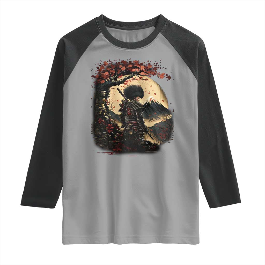 Funny African America Samurai Raglan Shirt Japanese Art Black Warrior Sakura