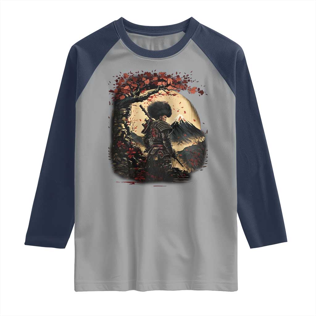 Funny African America Samurai Raglan Shirt Japanese Art Black Warrior Sakura