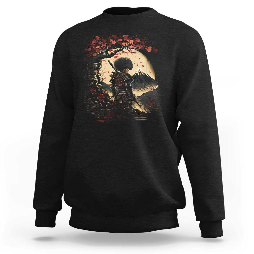 Funny African America Samurai Sweatshirt Japanese Art Black Warrior Sakura