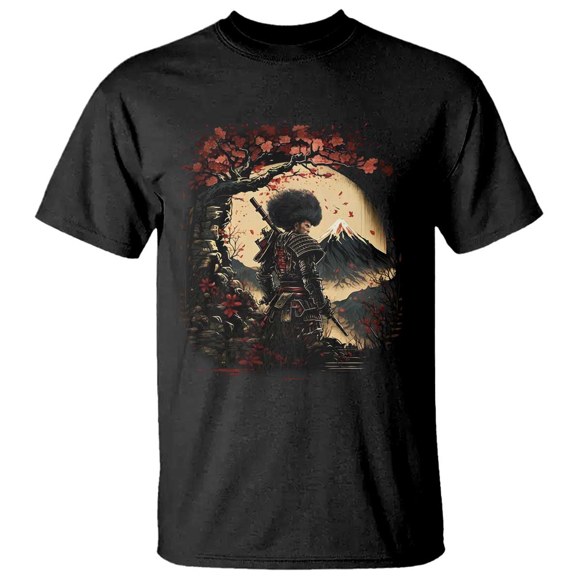 Funny African America Samurai T Shirt Japanese Art Black Warrior Sakura