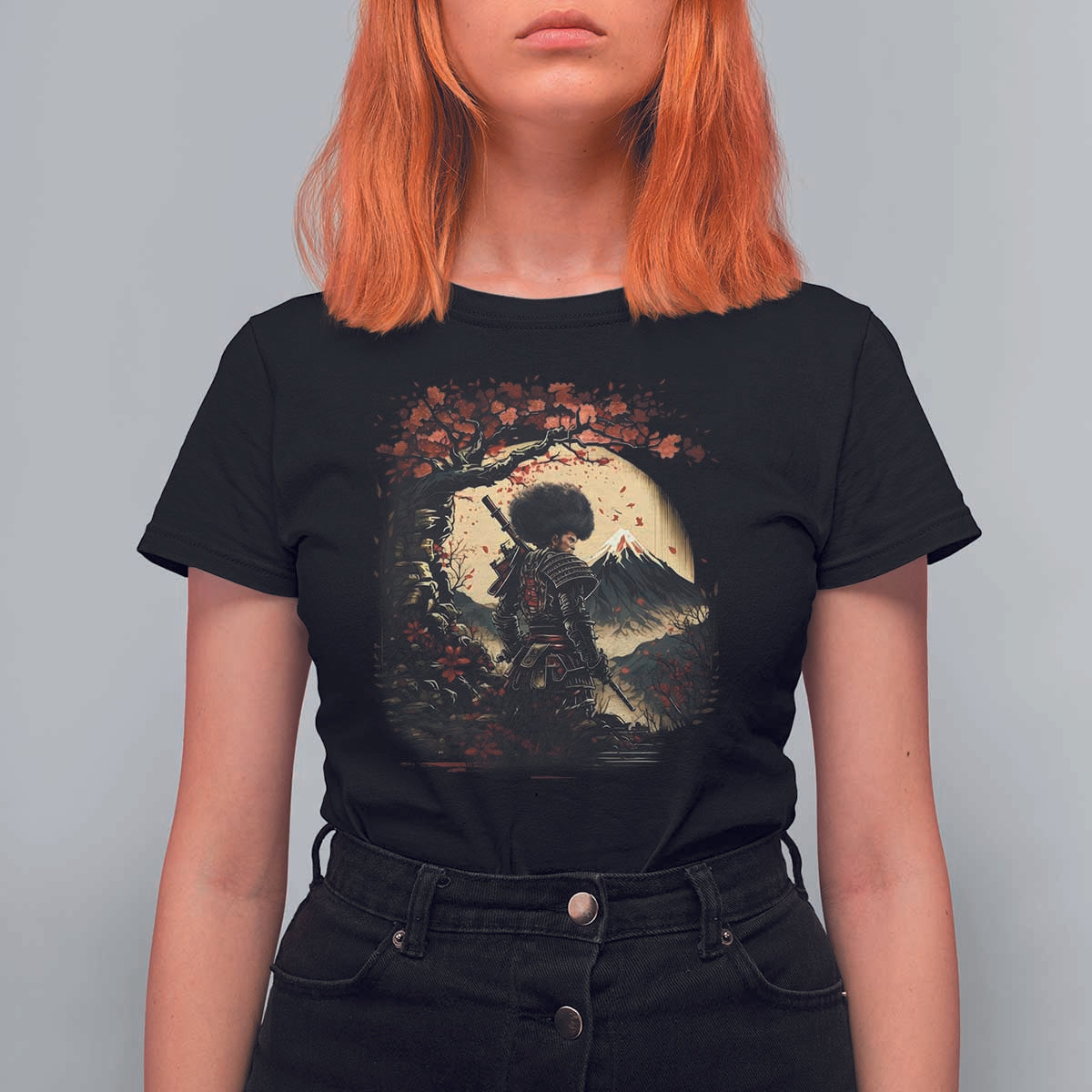 Funny African America Samurai T Shirt For Women Japanese Art Black Warrior Sakura