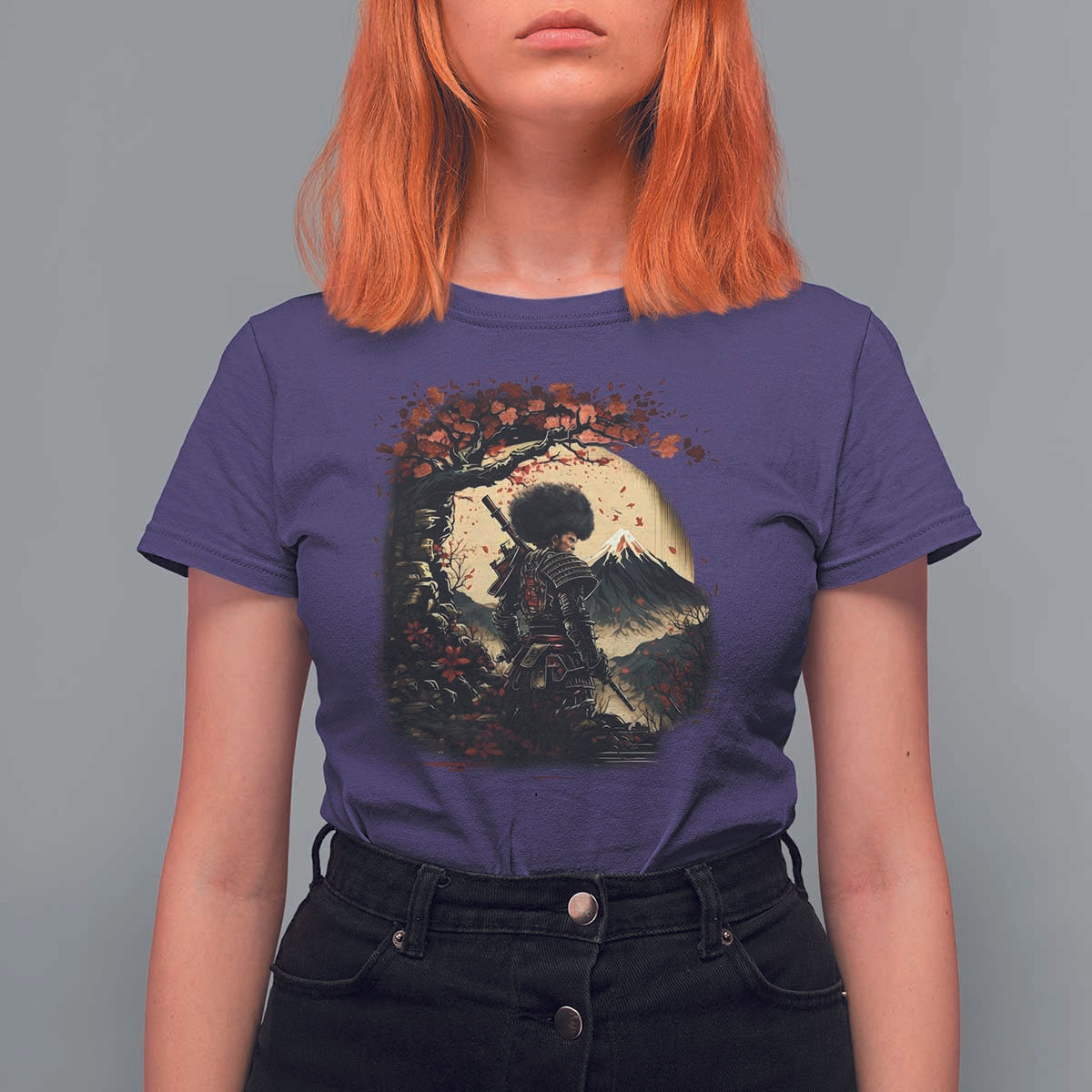 Funny African America Samurai T Shirt For Women Japanese Art Black Warrior Sakura