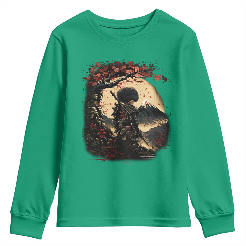 Funny African America Samurai Youth Sweatshirt Japanese Art Black Warrior Sakura