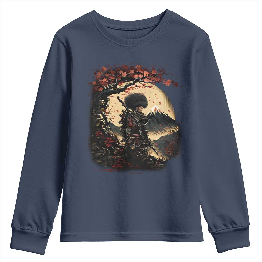 Funny African America Samurai Youth Sweatshirt Japanese Art Black Warrior Sakura