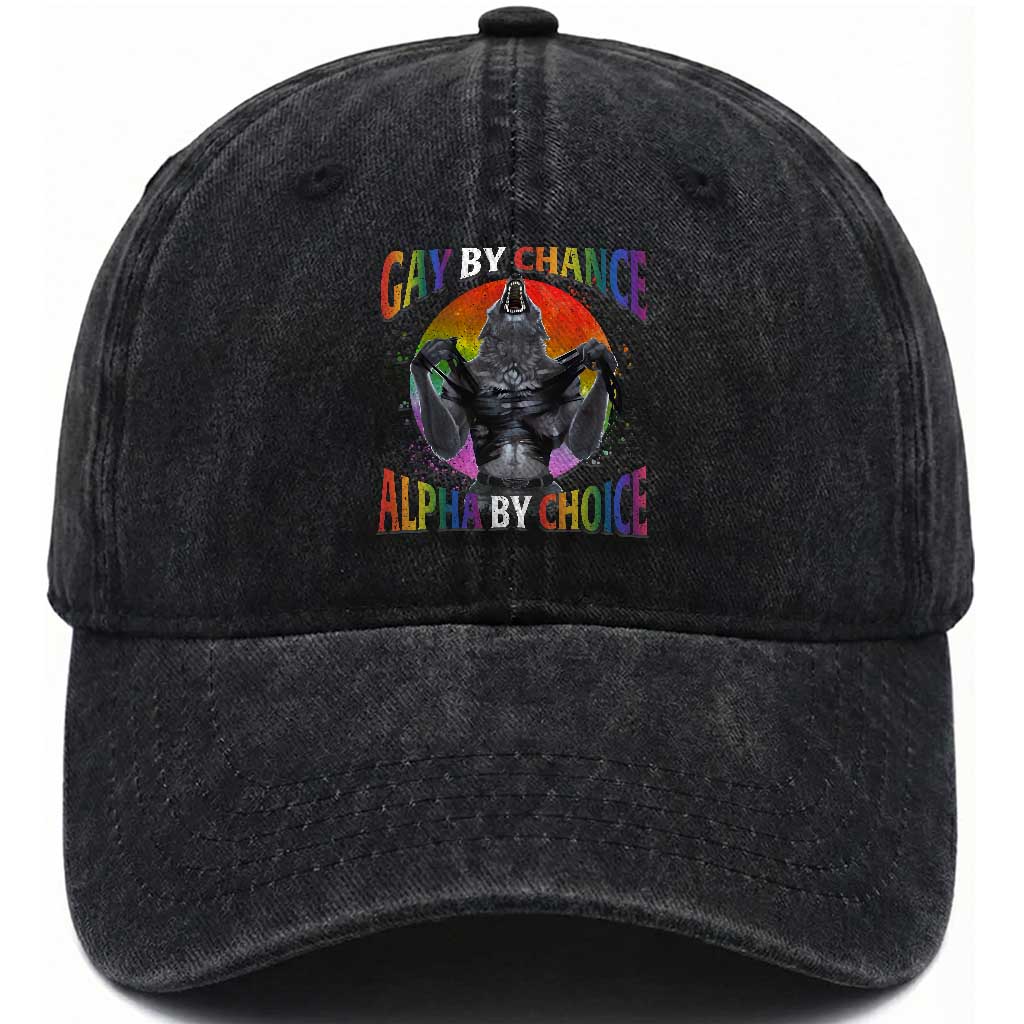Funny Gay By Chance Alpha By Choice Washed Cotton Baseball Cap Wolf Alpha LGBTQ
