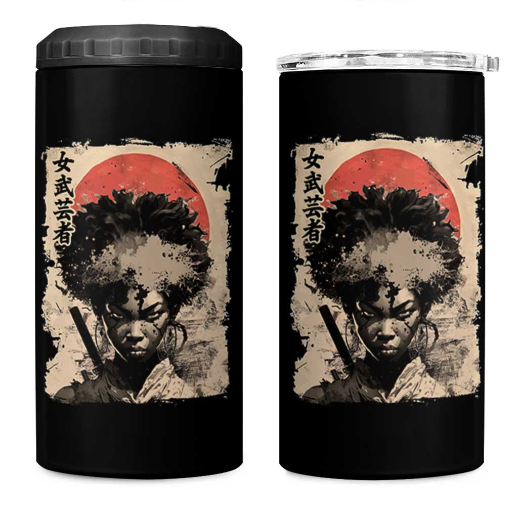 African American Female Samurai Warrior 4 in 1 Can Cooler Tumbler Japanese Art Black Onna Bugeisha