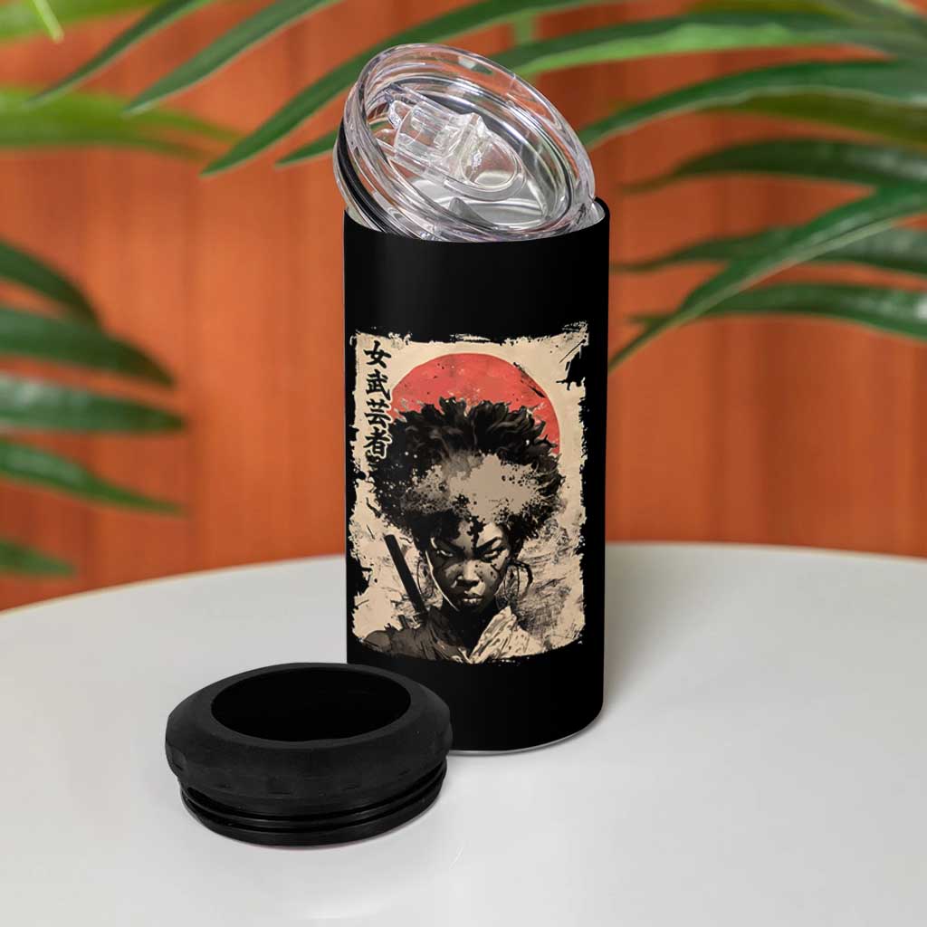 African American Female Samurai Warrior 4 in 1 Can Cooler Tumbler Japanese Art Black Onna Bugeisha