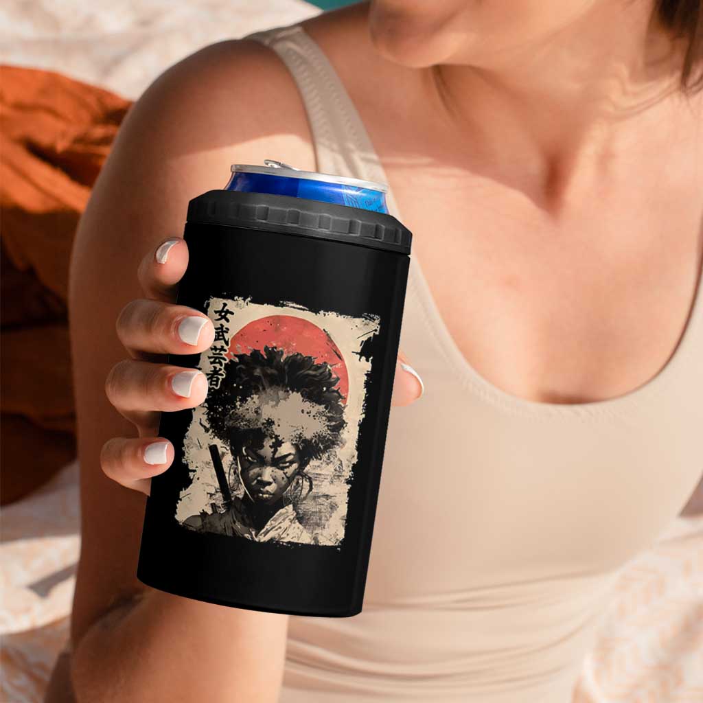 African American Female Samurai Warrior 4 in 1 Can Cooler Tumbler Japanese Art Black Onna Bugeisha