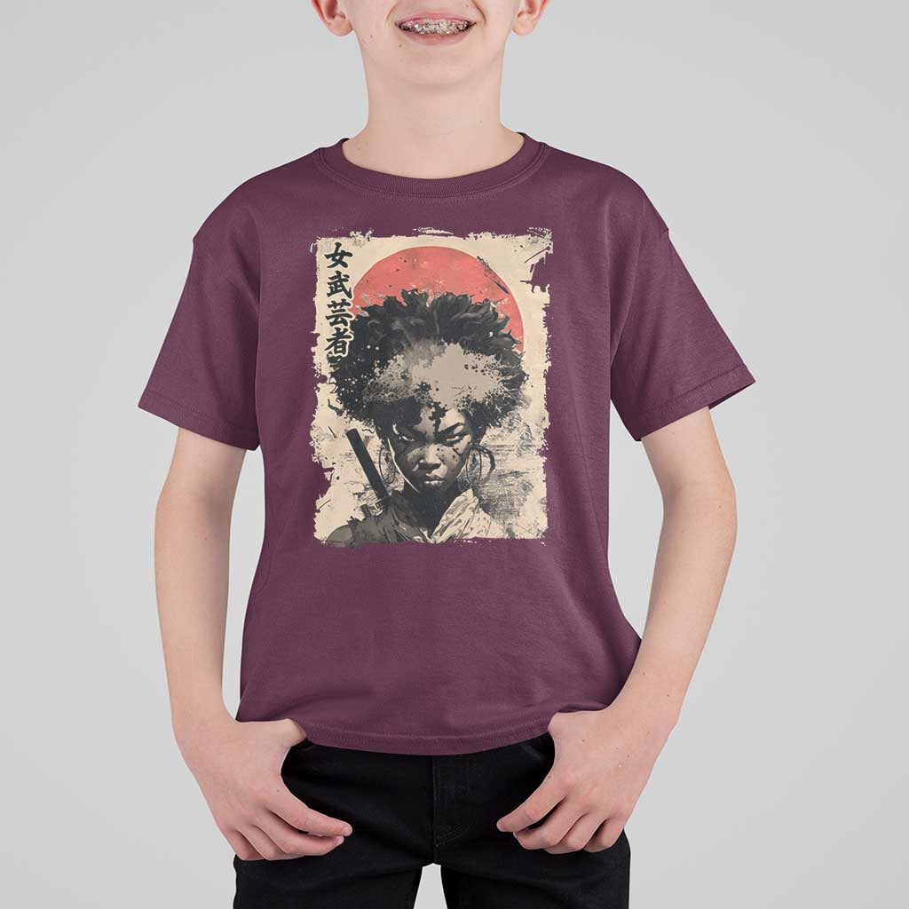 African American Female Samurai Warrior T Shirt For Kid Japanese Art Black Onna Bugeisha