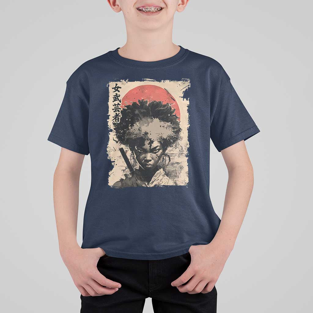 African American Female Samurai Warrior T Shirt For Kid Japanese Art Black Onna Bugeisha