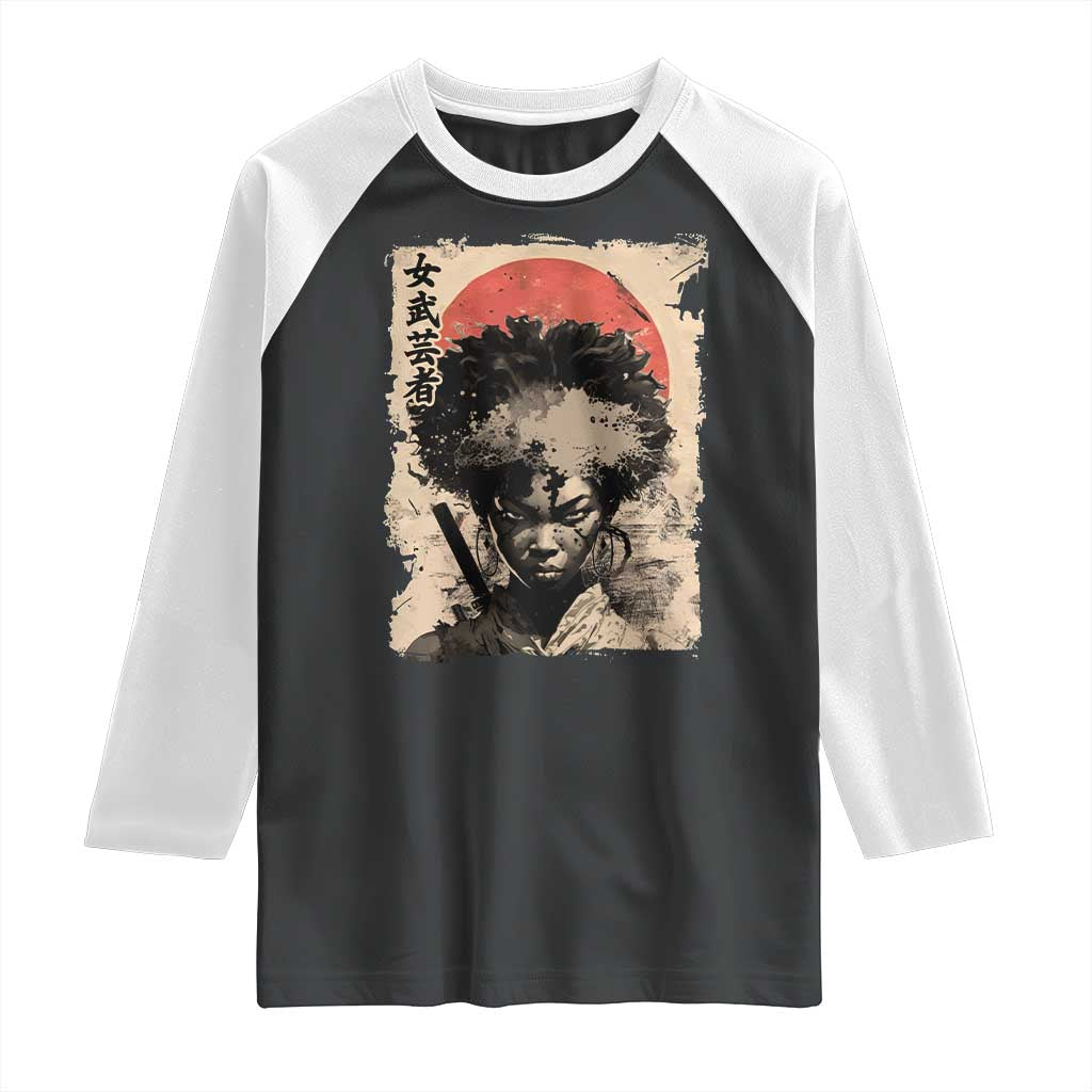 African American Female Samurai Warrior Raglan Shirt Japanese Art Black Onna Bugeisha