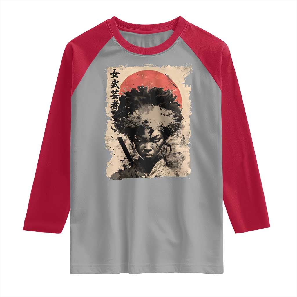 African American Female Samurai Warrior Raglan Shirt Japanese Art Black Onna Bugeisha