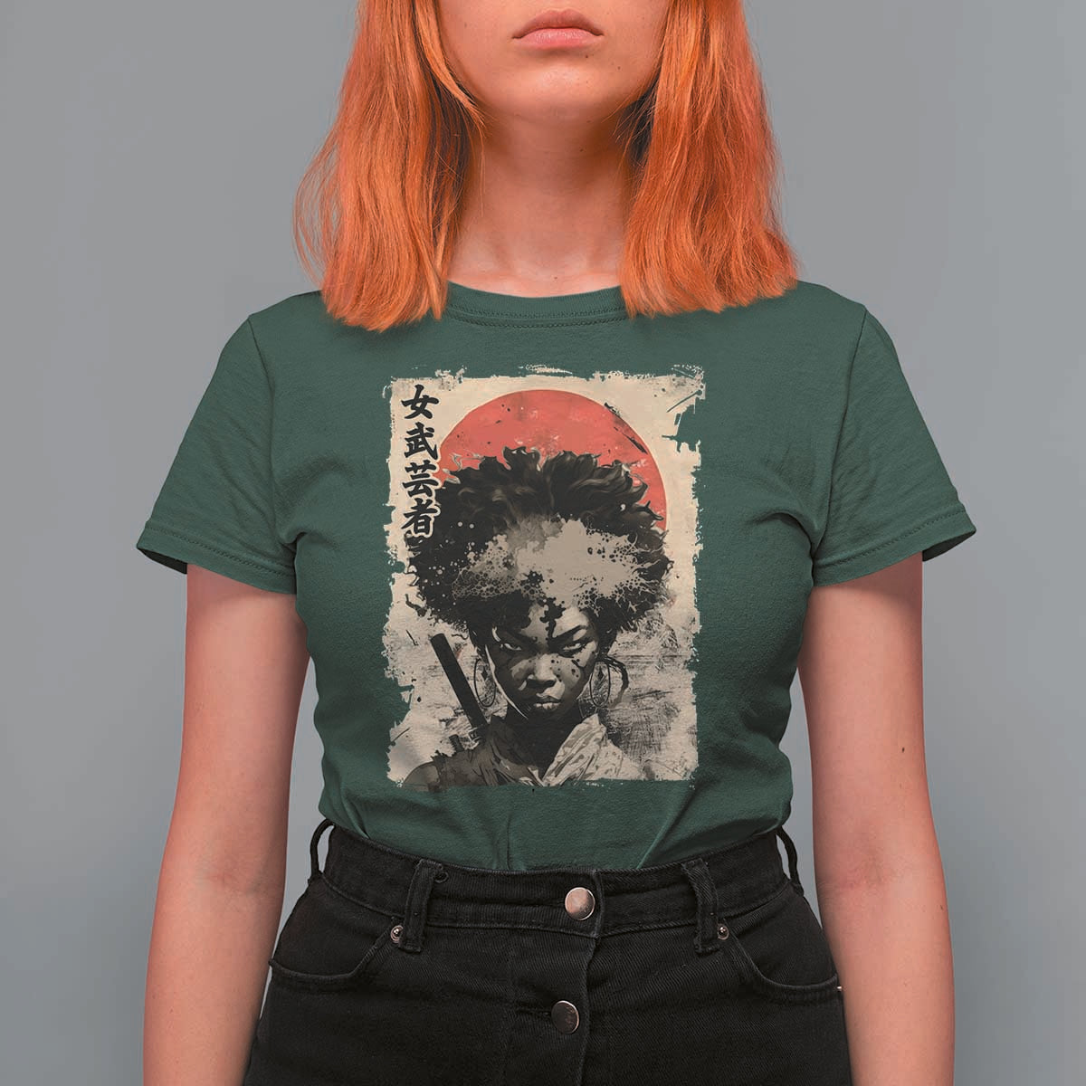African American Female Samurai Warrior T Shirt For Women Japanese Art Black Onna Bugeisha