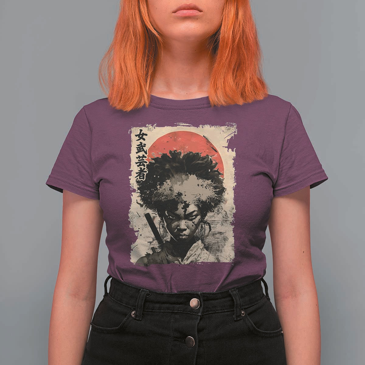 African American Female Samurai Warrior T Shirt For Women Japanese Art Black Onna Bugeisha