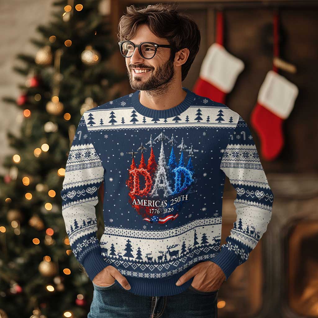 Dad USA 250th Anniversary Ugly Christmas Sweater Jet Fighter American Flag Father's Day 4th of July