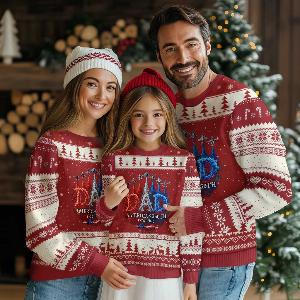 Dad USA 250th Anniversary Ugly Christmas Sweater Jet Fighter American Flag Father's Day 4th of July