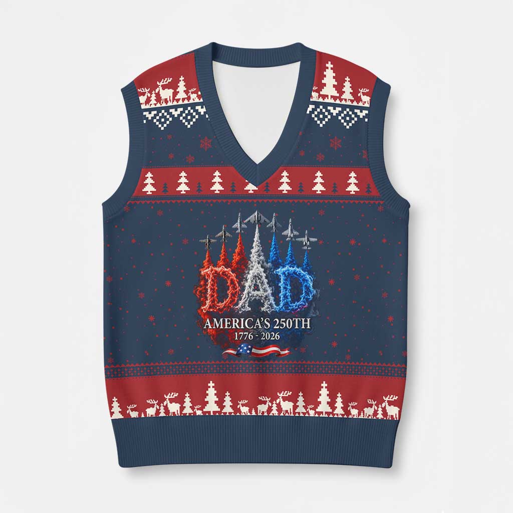 Dad USA 250th Anniversary V-Neck Knit Sweater Vest Jet Fighter American Flag Father's Day 4th of July