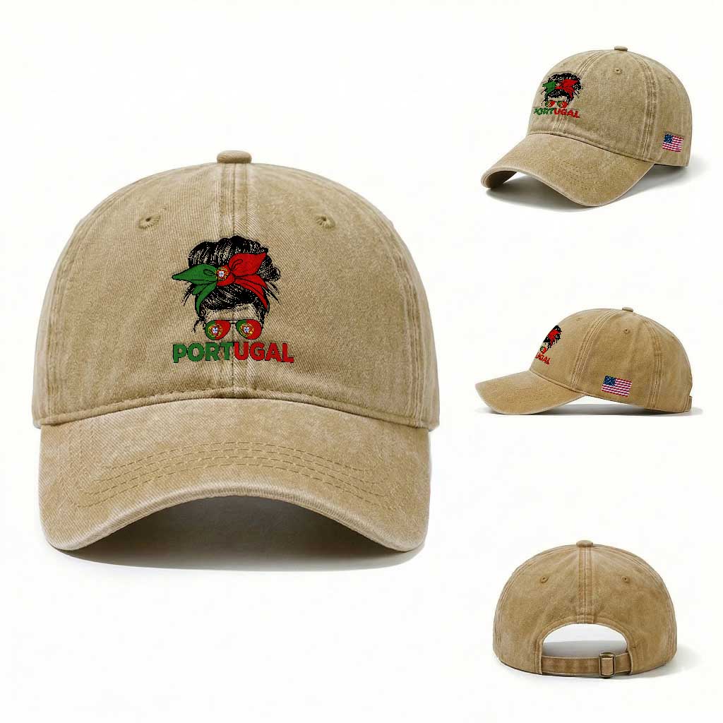 Portugal Messy Bun Girl Pride Portuguese Roots Washed Cotton Baseball Cap