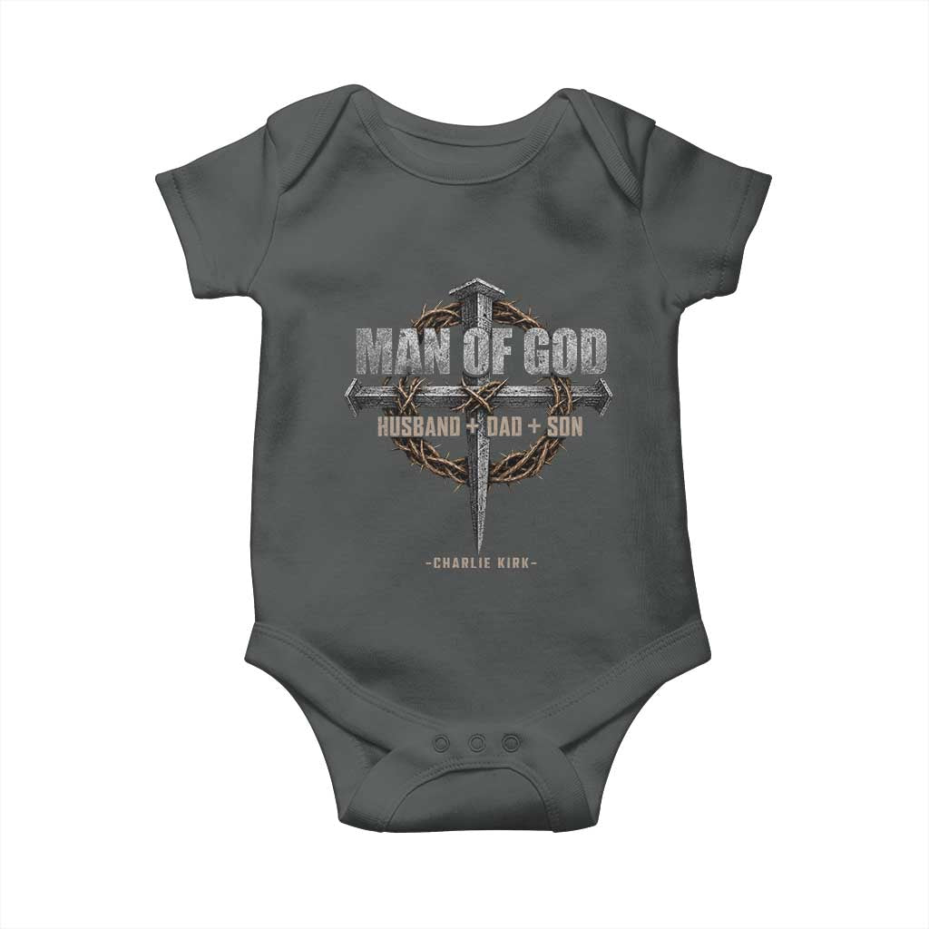 Man Of God Husband Dad Son Charlie Kirk Baby Onesie Vintage Christian Cross